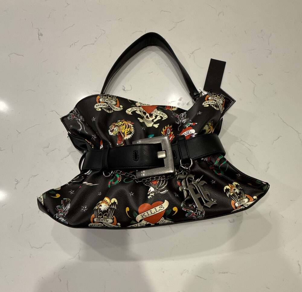 Ed Hardy Black Tattoo Print Small Satchel Shoulder Bag with Buckle